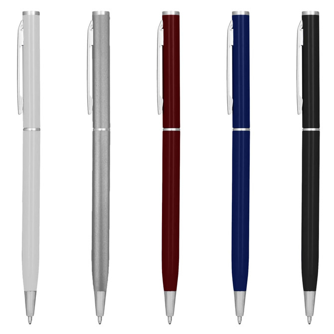 A collection of metal pens in silver, burgundy, blue, and black, each with a clip and branded logo.
