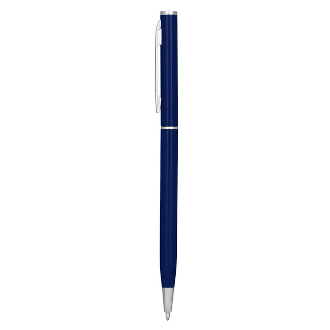 A metal pen in a sleek navy blue finish, featuring a silver clip and accents. It has a brand logo on the barrel.