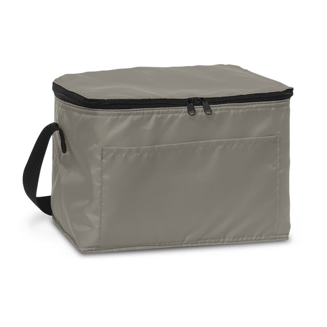A grey cooler bag with a zippered top and a side handle, featuring a front pocket.