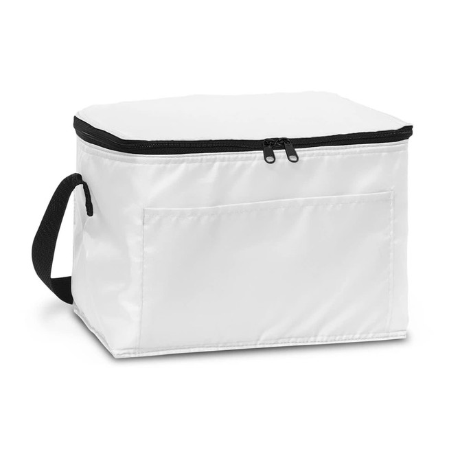 A rectangular white cooler bag with a zippered top and a side handle, featuring a front pocket and a logo.