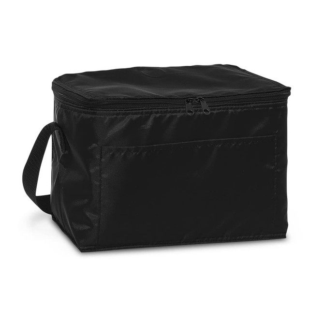 A black cooler bag with a zippered top and a side handle, featuring a smooth fabric finish.