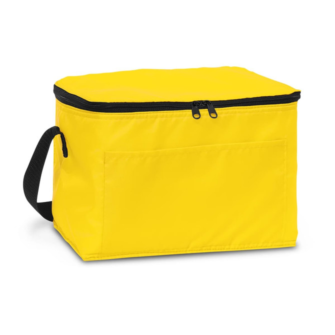 A yellow cooler bag with a zippered closure and a black carrying strap. It features a front pocket and a logo.
