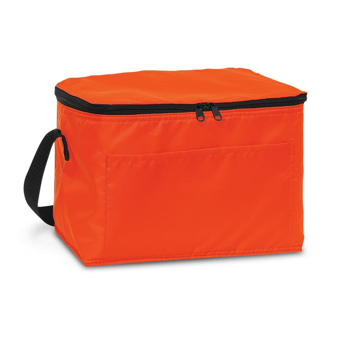 An orange cooler bag with a zippered top and a side handle for easy carrying. It features a front pocket.