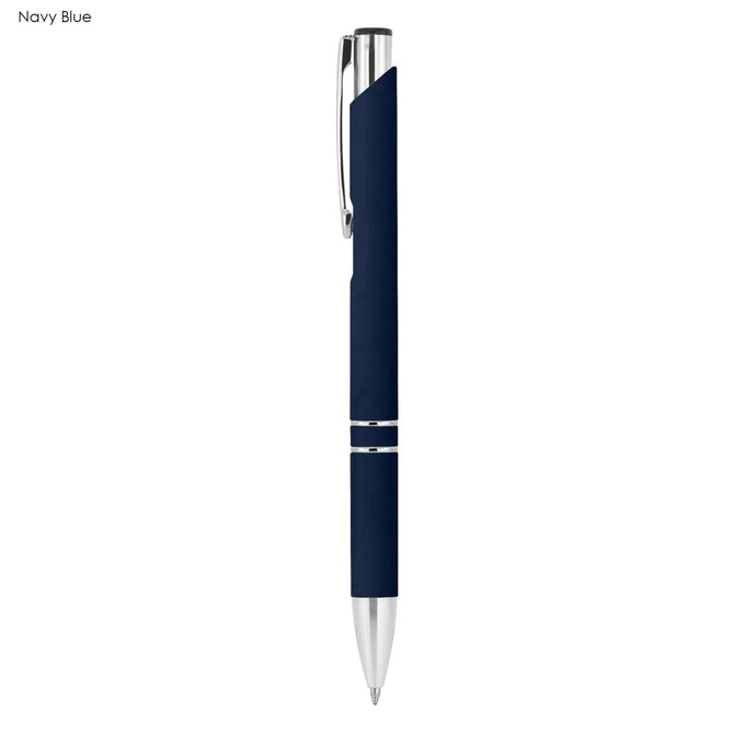 A navy blue metal pen with a rubberised grip and chrome accents, featuring a clip and branding.