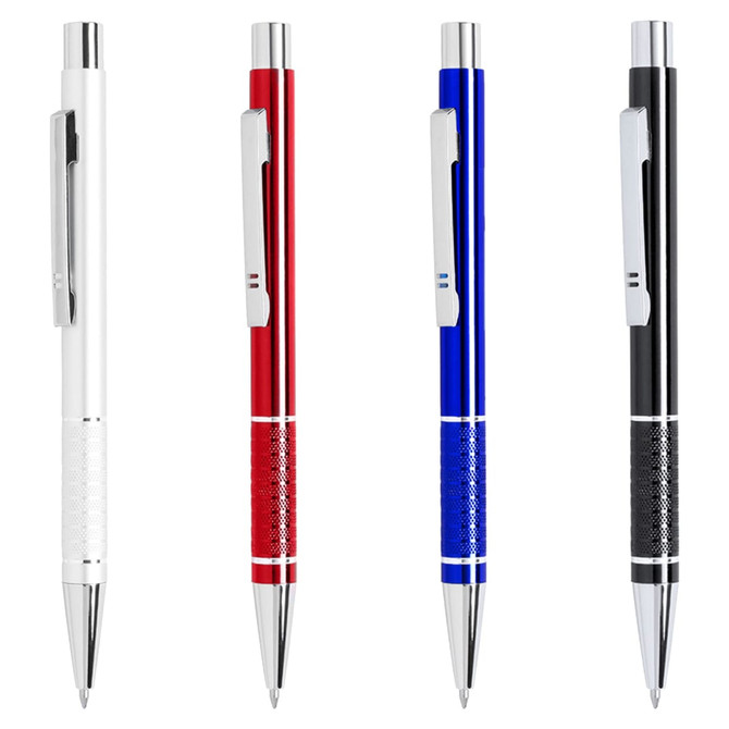 Four metal pens in white, red, blue, and black, each with a silver clip and textured grip. The pens feature a logo.