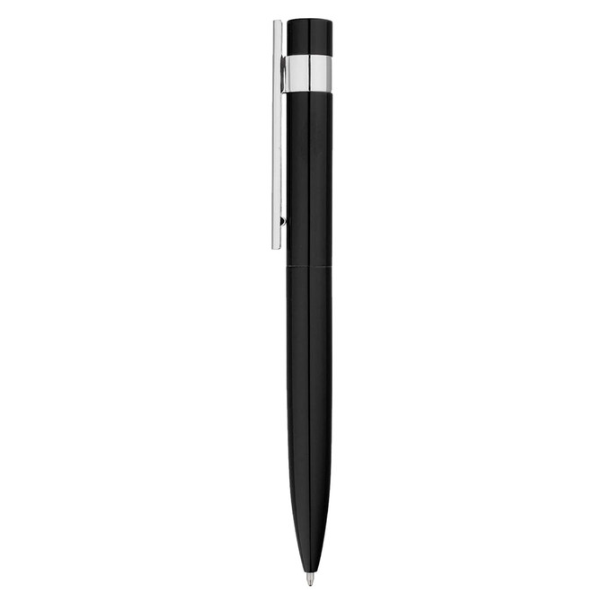 A sleek black metal pen with a chrome clip, featuring a simple design and a branding logo.