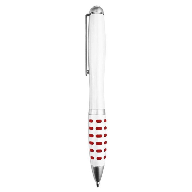 A white metal pen with a red dotted grip and a silver clip, featuring a branded logo.