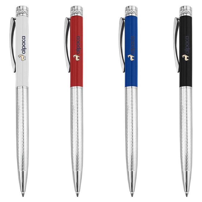 A collection of four metal pens in white, red, blue, and black, featuring textured grips and branding on the barrels.