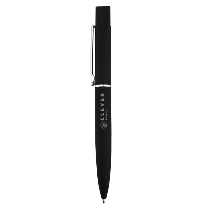 A black metal pen with a sleek design and a clip, featuring a logo on the side.