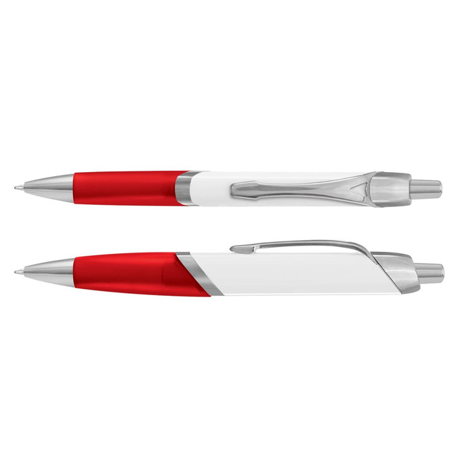 A plastic pen in red and white, featuring a silver clip and trim, includes branding on the body.