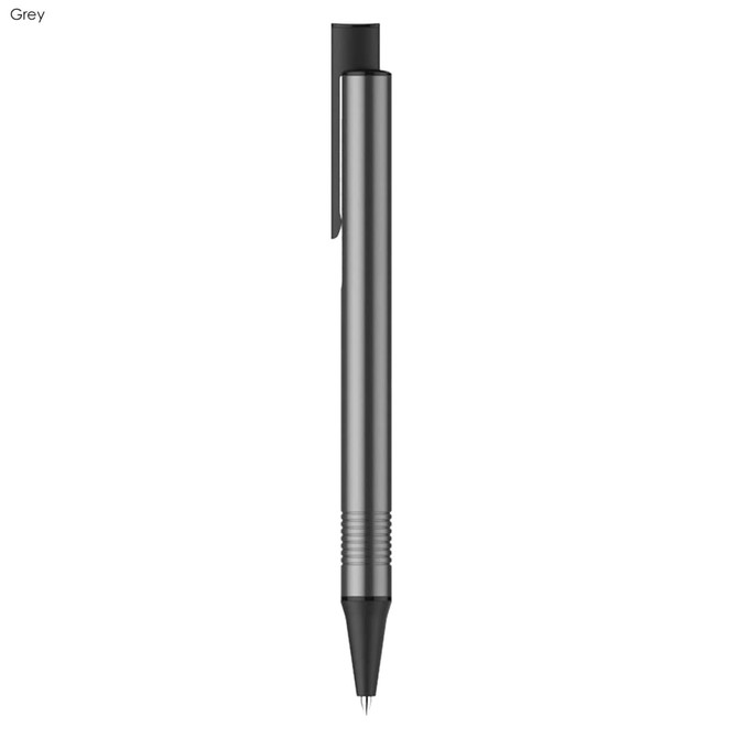 A grey metal pen with a sleek design and a clip. It features a pointed tip for precise writing.