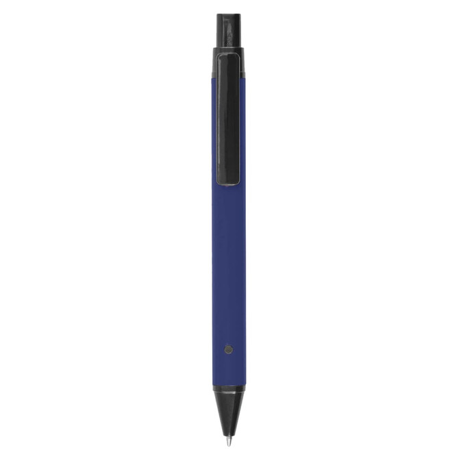 A blue metal pen with a black clip and tip, featuring branding on the body.