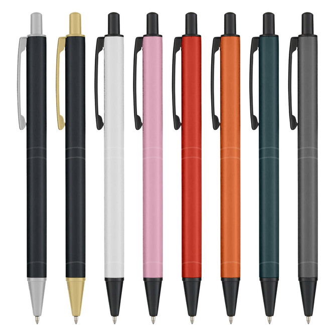 A collection of metal pens in black, white, pink, orange, red, teal, grey, and gold, featuring various designs and a logo.