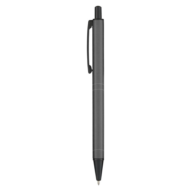 A metal pen in a sleek black finish, featuring a clip and a smooth design, with a logo on the surface.