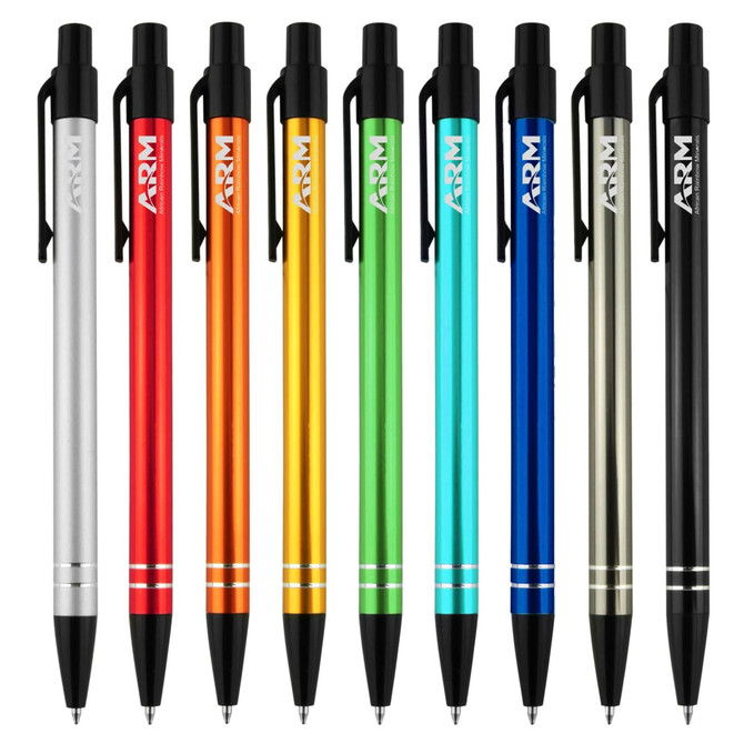 A selection of metal pens in silver, red, orange, green, blue, and grey, featuring a logo on each pen.