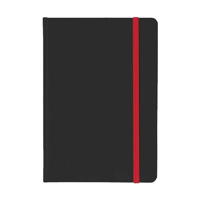 A5 PU notebook in black with a red elastic band. Features a smooth cover and a logo.