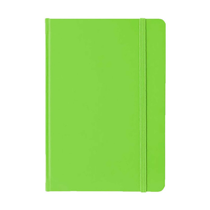 A5 PU notebook in bright green with a matching elastic closure. Features a smooth, sleek cover and branding.