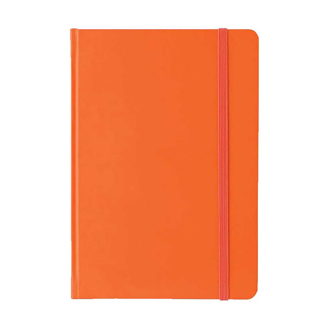 An orange A5 PU notebook with a pink elastic band closure and a smooth finish. It features a logo.