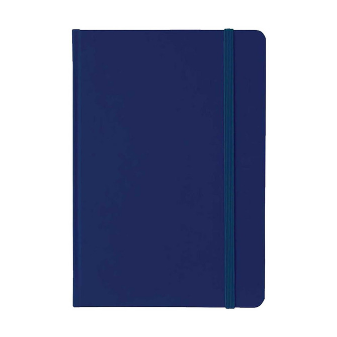 A5 PU notebook in navy blue with a matching elastic band and a logo on the cover.