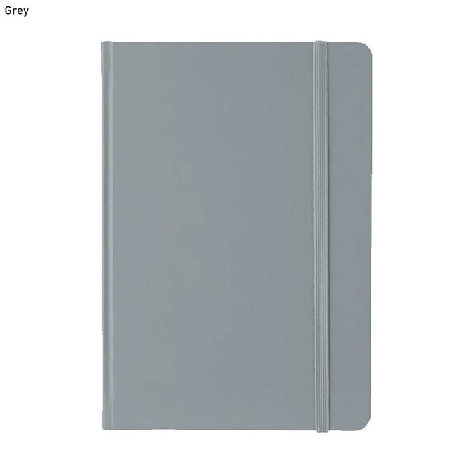 A5 grey PU notebook with a flexible cover and elastic band closure. Features a simple design and has a logo.
