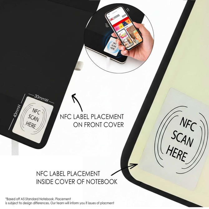 A black A5 PU notebook featuring an NFC label on the front cover and inside the cover.