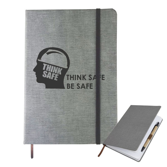 A5 textured grey PU notebook featuring an elastic band and a pen holder, with a branding logo on the cover.
