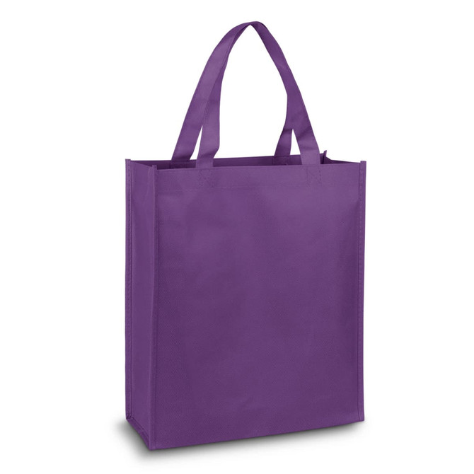 A purple tote bag with two handles and a solid design. It has a logo on one side.
