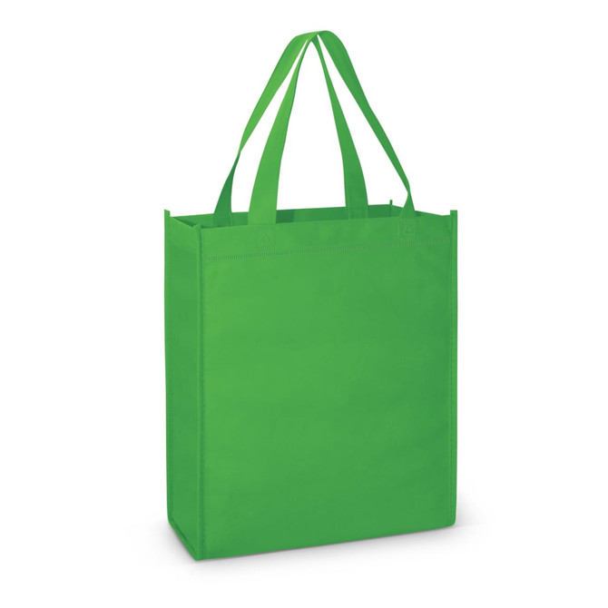 A vibrant green tote bag with two handles, featuring a simple design and no visible branding.