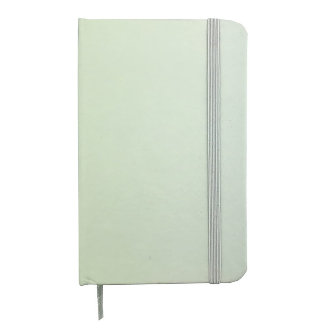 A6 Handy PU Notebook in light green with an elastic closure and grey ribbon detail. Includes a logo on the cover.