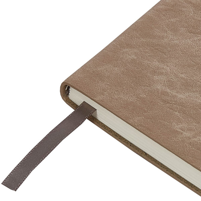 A brown notebook with a textured cover and a brown ribbon bookmark. It has a logo on the cover.