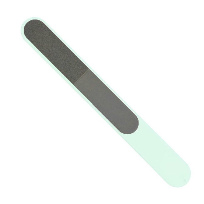 A mint green nail file with a textured filing surface. It features a logo on the handle.