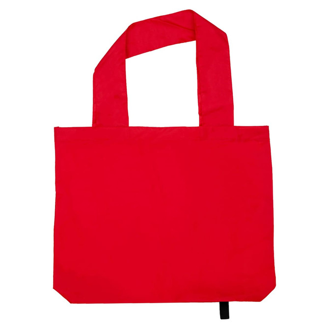 A red tote bag with two handles and a simple design. It features a branding logo on one side.