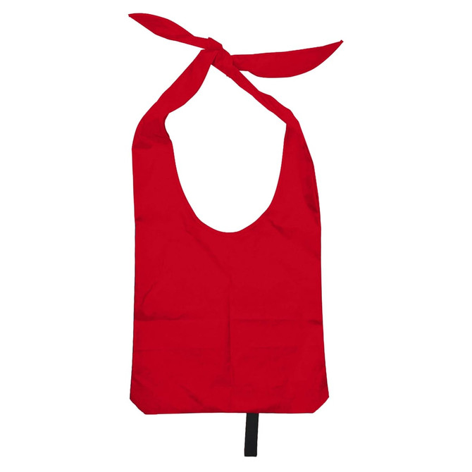 A red nylon sling bag with open handles and a tie at the top, featuring a logo.