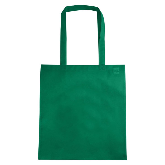 A green non-woven tote bag with a V gusset and two sturdy handles. It features a logo on one side.