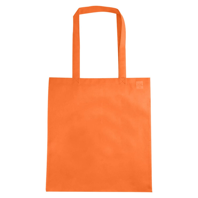An orange non-woven tote bag with a V gusset and two shoulder straps. The bag features a logo.