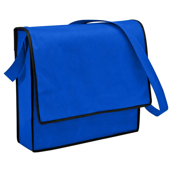 A blue non-woven flap satchel with black trim and a shoulder strap. It features a logo on the front.