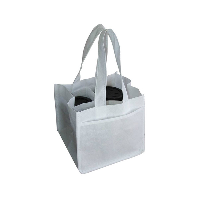 A white non-woven bag designed to hold four coffee cups, featuring two handles and a front pocket.