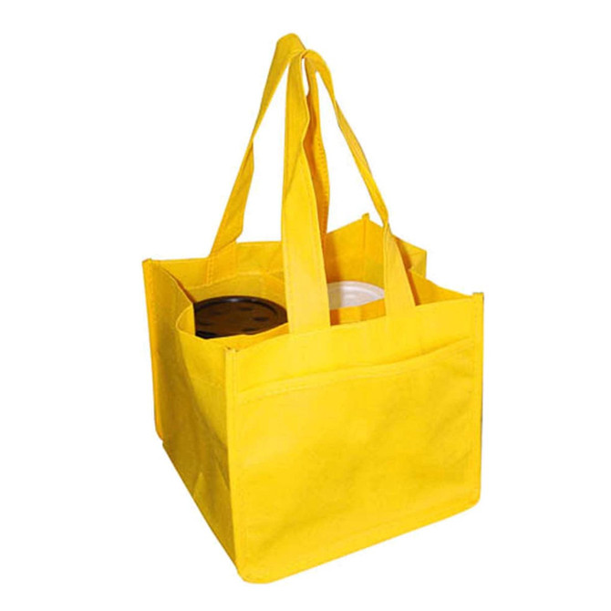 A yellow non-woven bag designed to hold four coffee cups. It features sturdy handles and a structured shape.