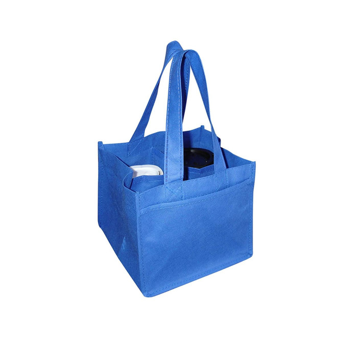 A blue non-woven bag designed to hold four coffee cups, featuring sturdy handles and a simple structure.