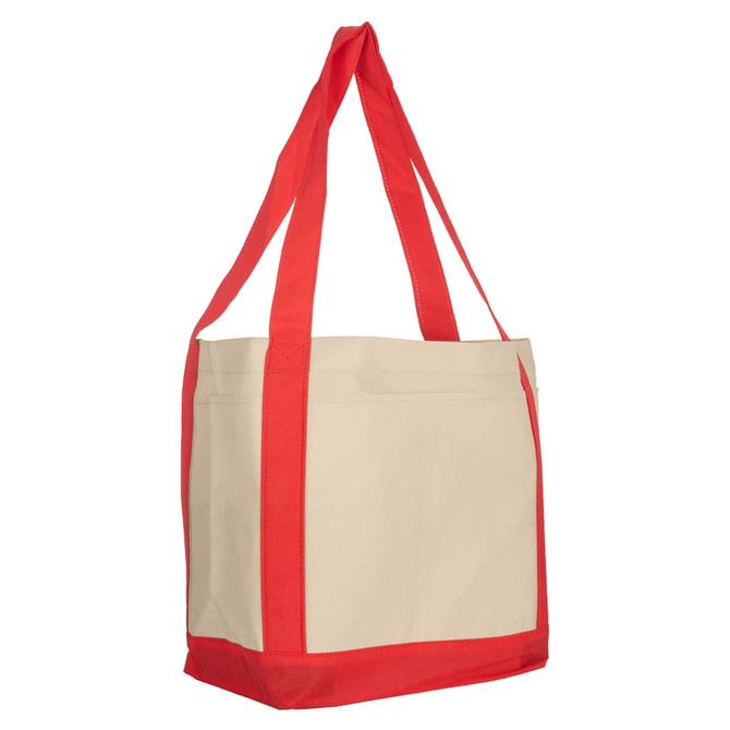 A reusable grocery bag in cream with red straps and accents, featuring a logo on the side.