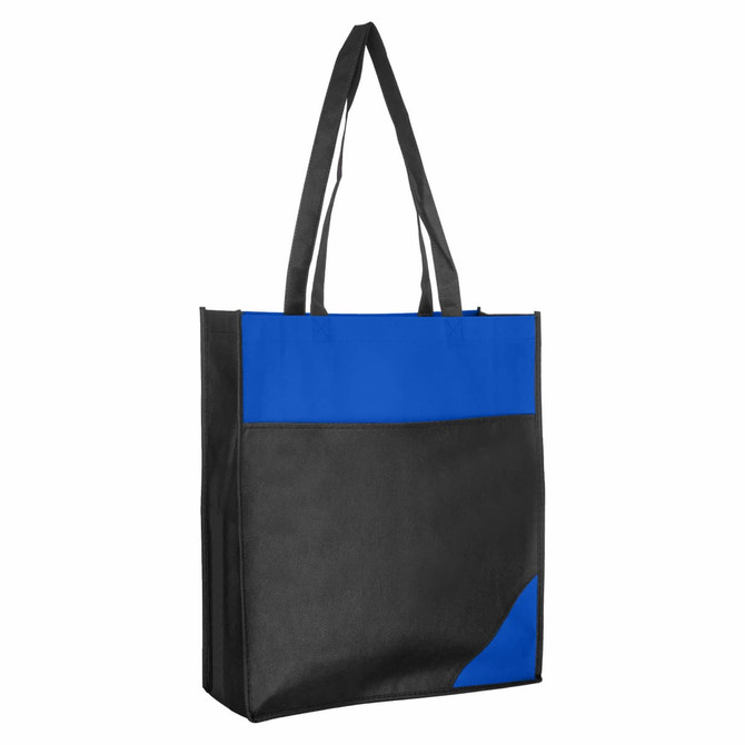 A non-woven tote bag in black and blue, featuring a sleek design and a logo.