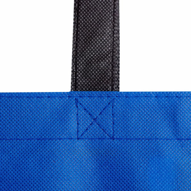 A blue non-woven tote bag featuring a black handle, with visible stitching details. The bag has a logo.