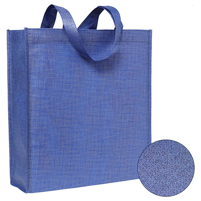 A blue patterned non-woven tote bag with two handles, featuring a close-up of the fabric texture.