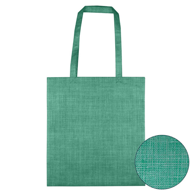A green non-woven bag with a patterned design and two shoulder straps, featuring a circular inset of the texture.