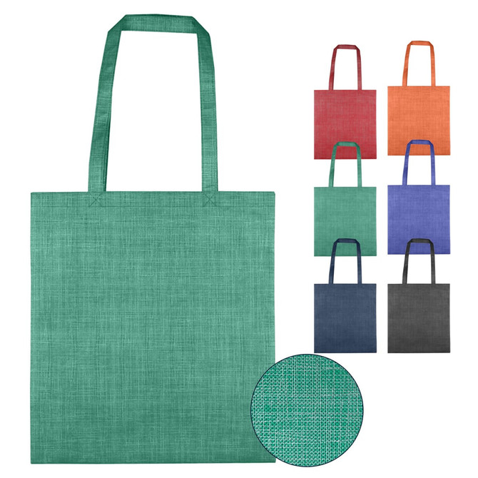 A green patterned non-woven bag with matching handles, surrounded by bags in various colours, all featuring a logo.