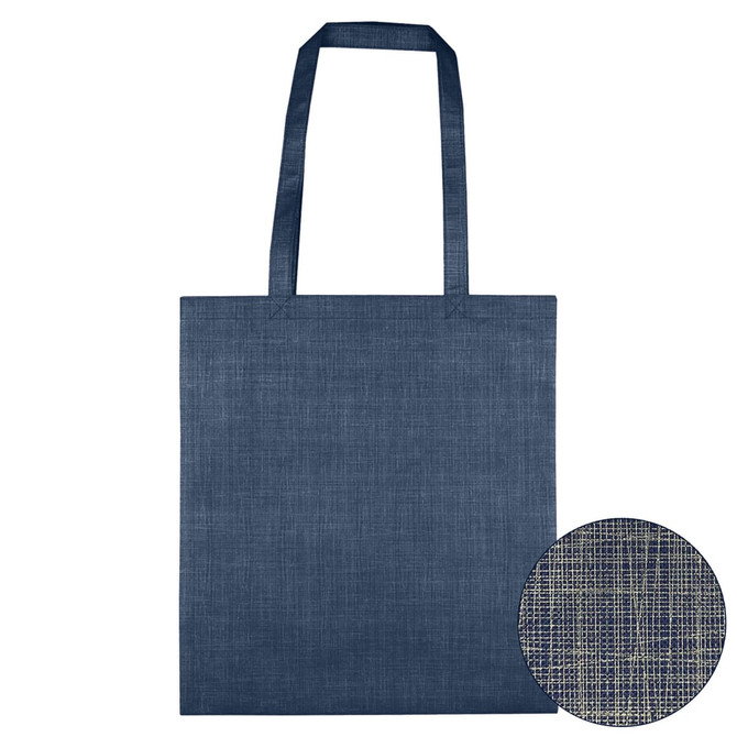 A navy patterned non-woven bag with two handles, featuring a textured design and a circular detail showing the pattern.