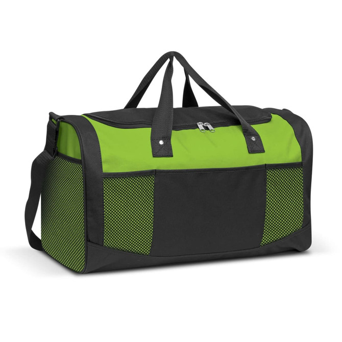A black and bright green duffle bag with mesh side pockets and sturdy handles, featuring a logo.