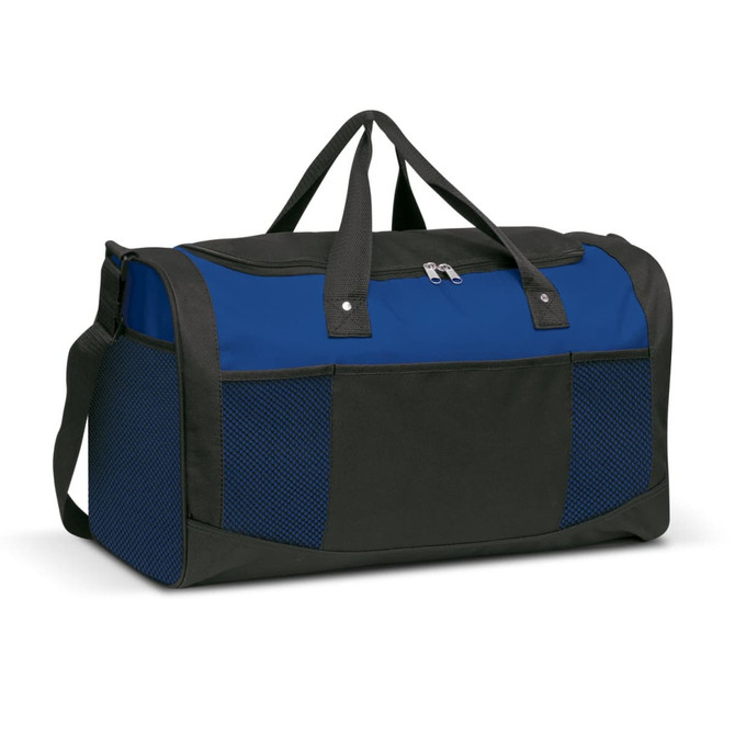 A duffle bag featuring a blue and black design, with a zip closure and mesh side pockets. It has a logo on one side.