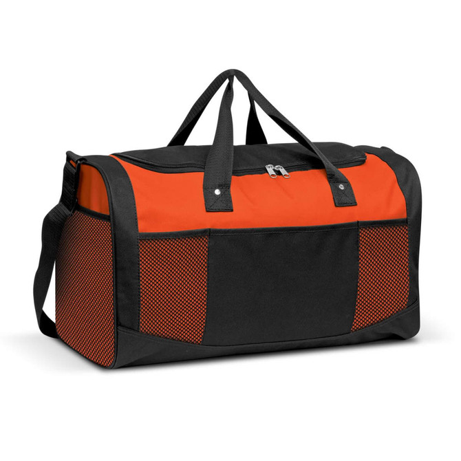 A black and orange duffle bag featuring mesh side pockets and a sturdy shoulder strap. It has branding on the side.