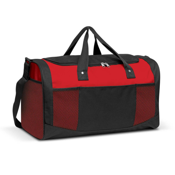 A red and black duffle bag with mesh pockets and a shoulder strap, featuring a logo on the side.